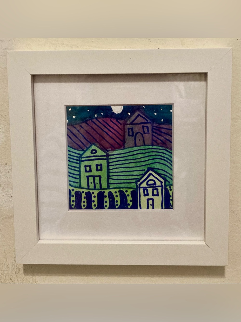 Framed Original Watercolor Art “Folk Art Nightscape” Size 7”x7”